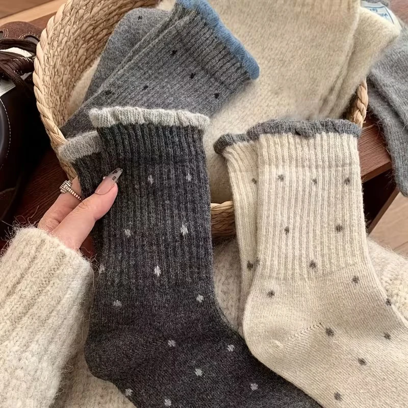 5 أزواج من الجوارب النسائية للخريف/الشتاء منقط لمنتصف الساق، جوارب عصرية متعددة الاستخدامات من الدانتيل الناعم على طراز الدوبامين #2