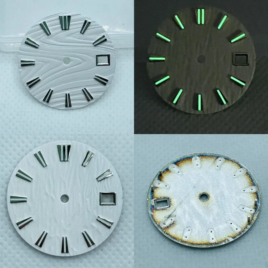 New NH35 Dial 28.5mm White Wave/tree Bark/S Pattern Dial  Green Luminous for NH35/NH36 Movement Watch Accessories