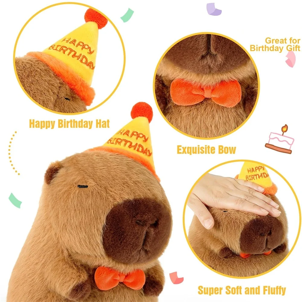 Lindo Feliz cumpleaños Capybara felpa suave Capybara Animal relleno juguete de peluche suave Kawaii regalos de cumpleaños decoración de fiesta para niños