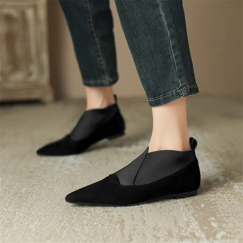 Hot New Spring Sheep Suede Flat Bottomed Women\'s Shoes with Raised Height Inside Pointed Toe Women Pumps Shoes for Women Loafers