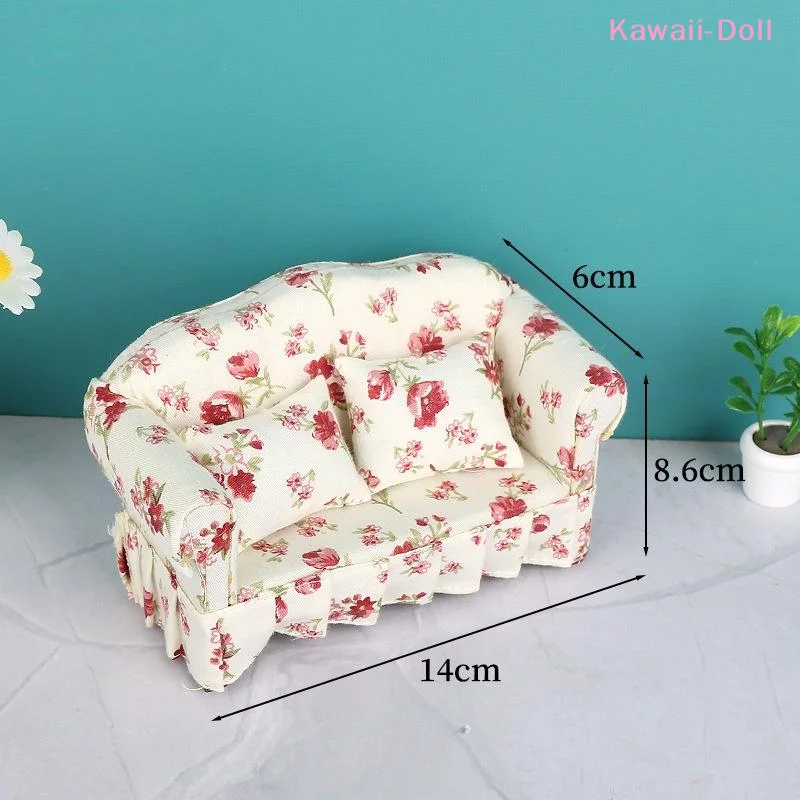1 Set 1:12 Dollhouse Double Sitting Sofa With Pillow Kit Doll House Furniture Simulation Miniature Living Room Pretend Play - view 6