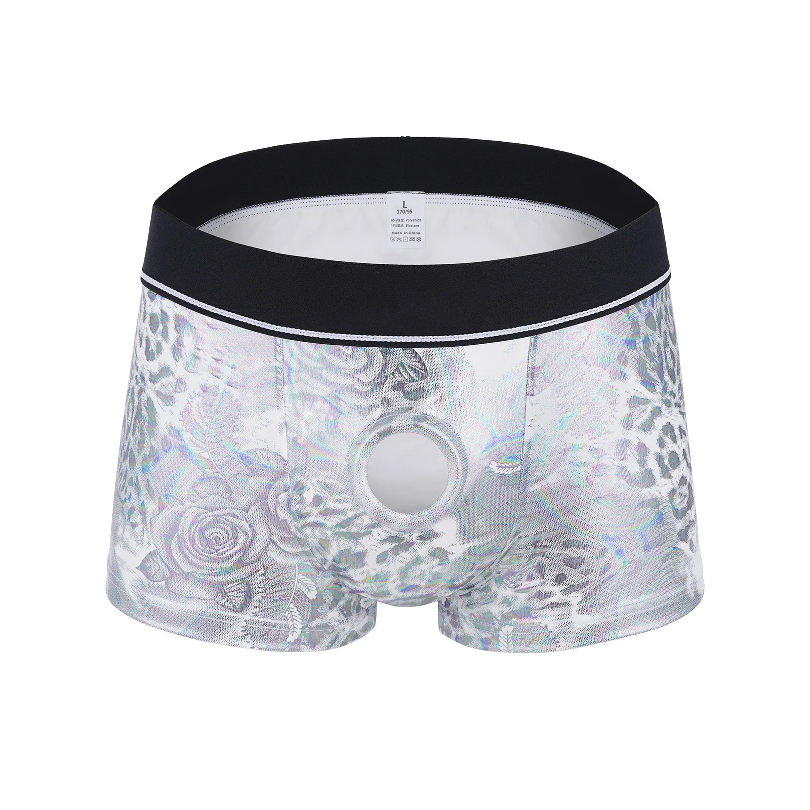 Herren-Dessous: Glänzende Metallic-Boxershorts mit integriertem Silikonring, tief sitzend, mit Cutout-Pouch, Unterwäsche für Rave & Nachtclub-Kostüme – Detail 18