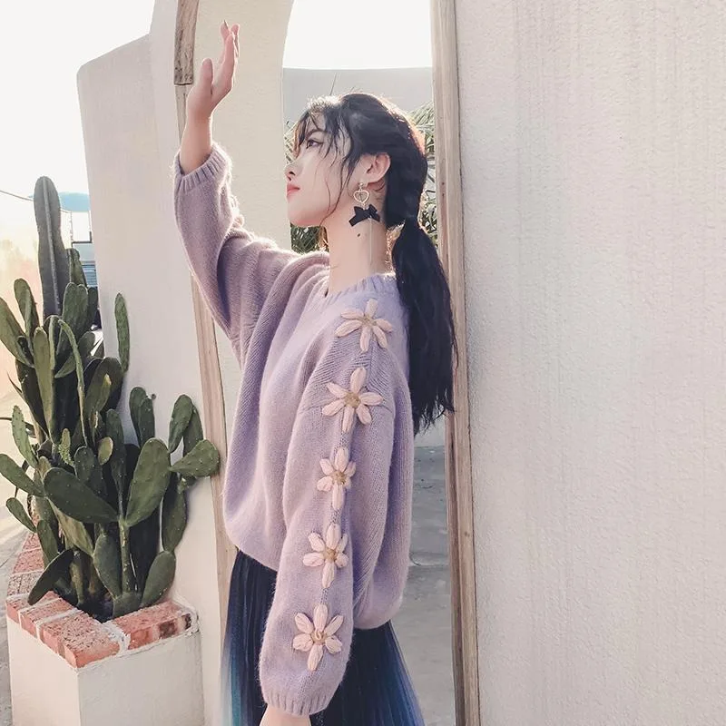 Dreidimensionaler, mit Blumen bestickter Strickpullover für Herbst und Winter, lockerer und fauler Pullover, süßes und süßes Oberteil