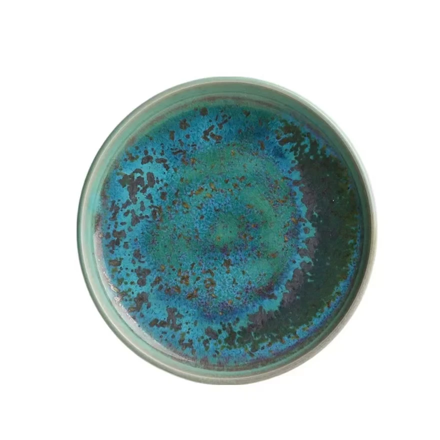 Jun Kiln Feathered Cloak Intensive Green Color Blue Carbon-fired Raw Material Teapot Tray Small Fruit Plate by Wang Dong Xu
