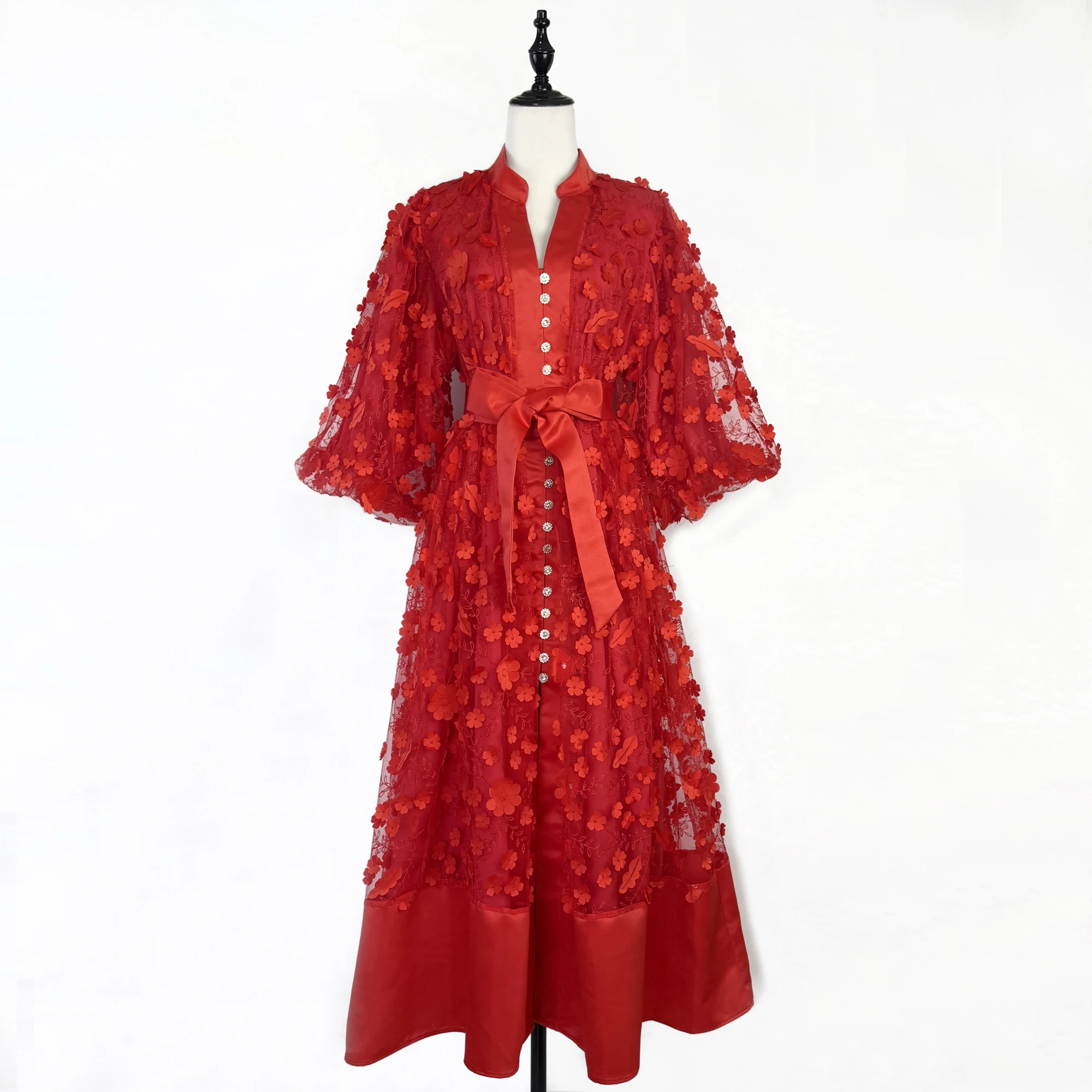 

Длинное платье с 3D-вышивкой в виде цветов, женское, с V-образным вырезом, летнее, с рукавами-фонариками, из тюля, винтажное, элегантное, сексуальное, с поясом, для вечеринок