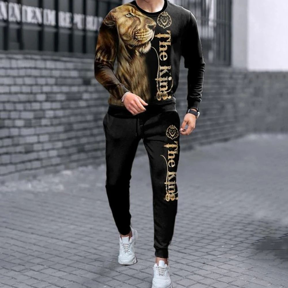 Herbst Herren Langarmhose 2 Stück Set Outfit lässig heftig Tiger 3D-Druck übergroße Sport bekleidung Männer Street Clothing Outfit