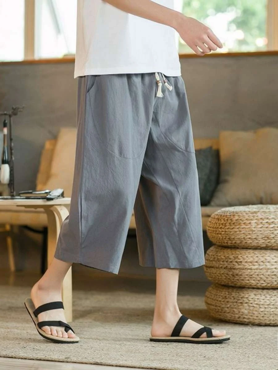 

Новые мужские летние тонкие льняные брюки-кюлоты свободного кроя с высокой талией, модные, из смесового хлопка и льна, длиной 7/8, повседневные шорты