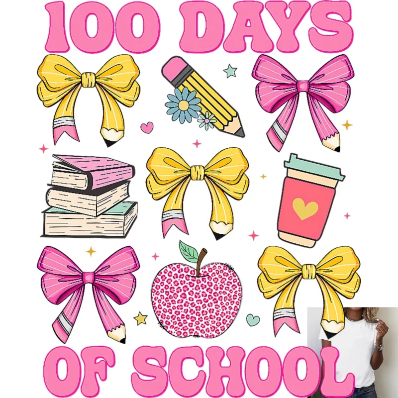 100 Days Of School Theme Heat Transfer White Ink Iron - on Patch, Bow Pencil Apple Book Patterns, Suitable For T - shirts,