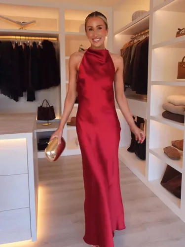 Imagen 2 del producto HH mujeres verano Sexy sin mangas vestido largo con espalda descubierta cuello Halter textura de satén de seda vestido femenino elegante vestido de noche de fiesta