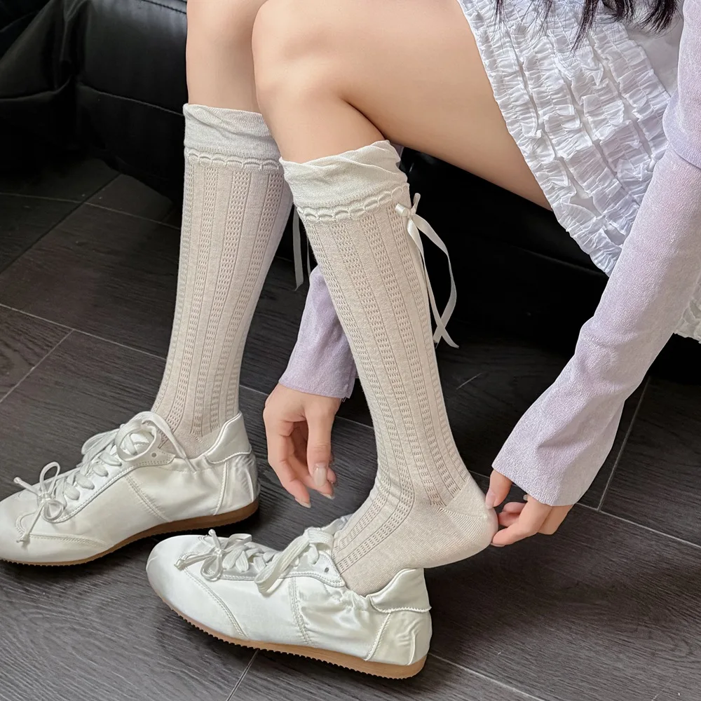

Kids Long Socks Spring Summer Thin Breathable Child Girl's Knee Stockings Sweet Ribbon Bow Black White Gray Mesh Teenager Socks