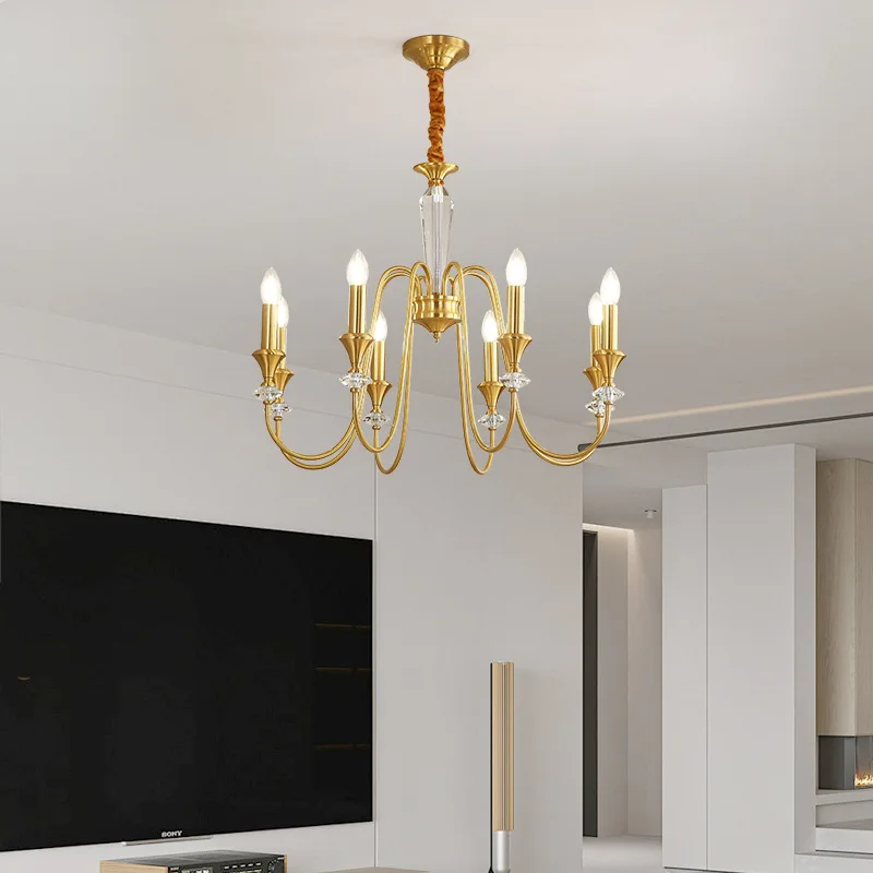Gold Finish All Copper Crystal LED Chandelier Candle Hanging Lamp American Retro Style for Restaurant Kitchen Living Room Home L