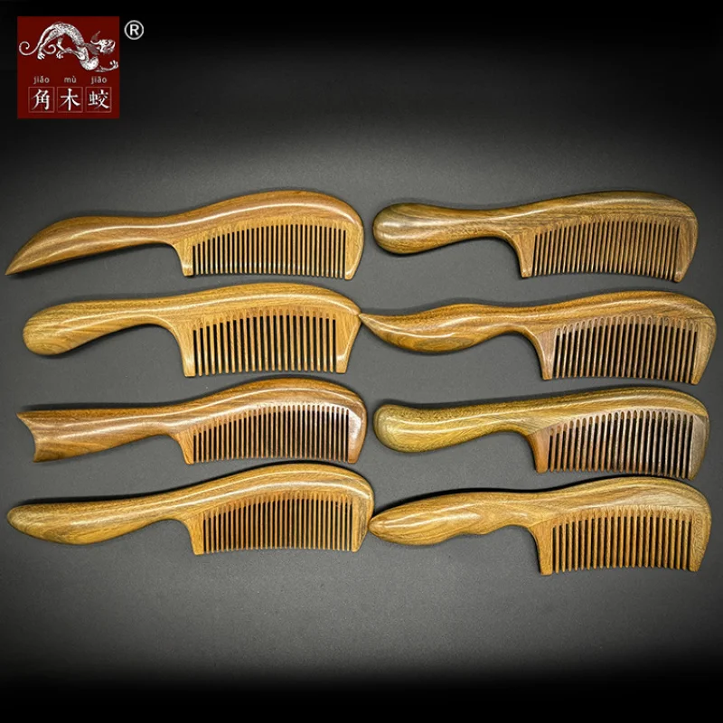 Green Sandalwood Comb for Health Care and Hair Massage, Fine-Toothed Comb with Handle, Popular Vintage Model, Various Styles Ava