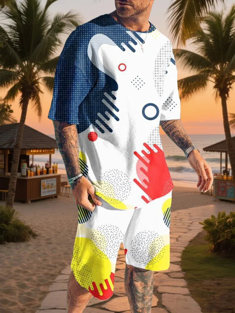 

Лето 2025 г., бестселлер, модный мужской костюм с короткими рукавами и цветным принтом, повседневный удобный простой трендовый уличный спортивный костюм