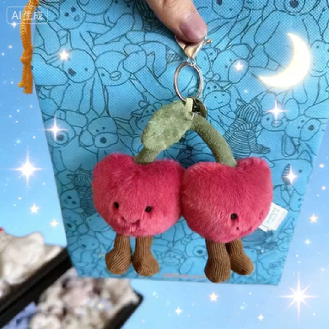 Portachiavi bicolore in peluche di cotone per gatti, morbido croissant, design a ciliegia, accessorio carino per borse e bagagli