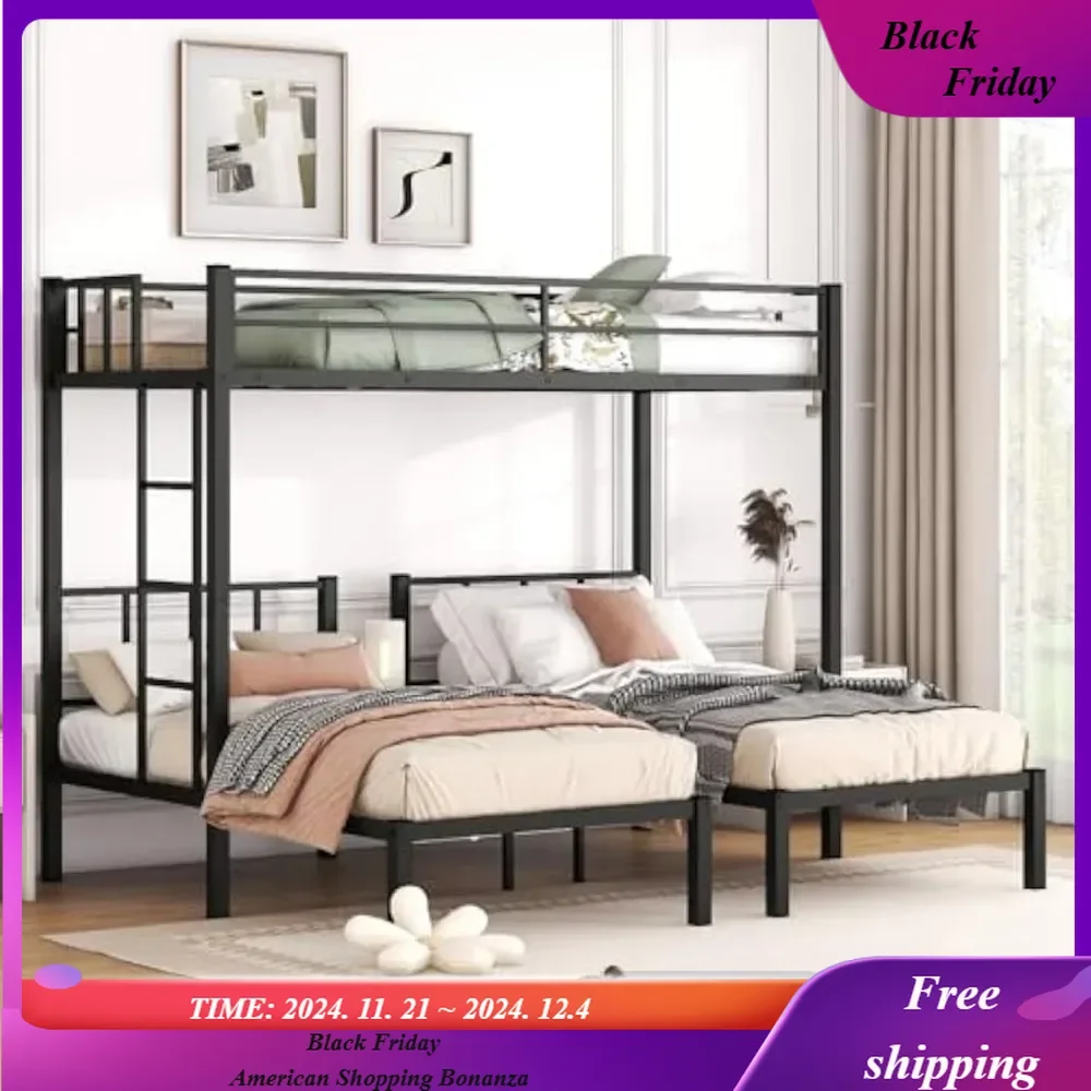 Triple Bunk Bed, Metal 3 Bunk Beds for Kids, with Detachable Design, Guardrails, Ladder and Shelves, Space Saving