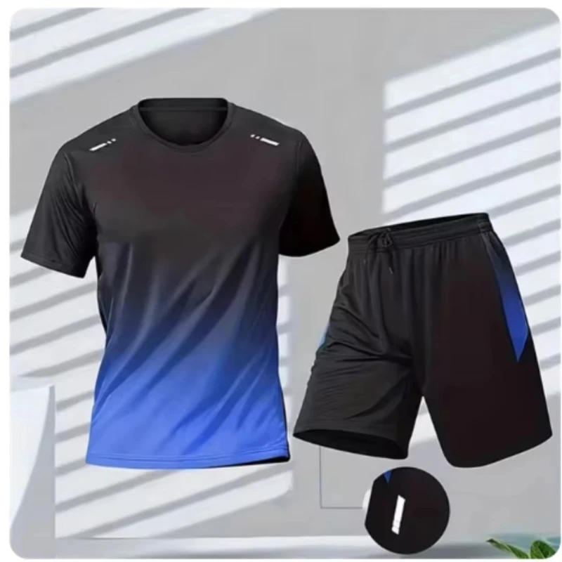 summer Gradient Men\'s Tracksuit Set Men Clothing Breathable Tennis Badminton Sportswear Sets Sports T Shirt Shorts 2 Piece Suits