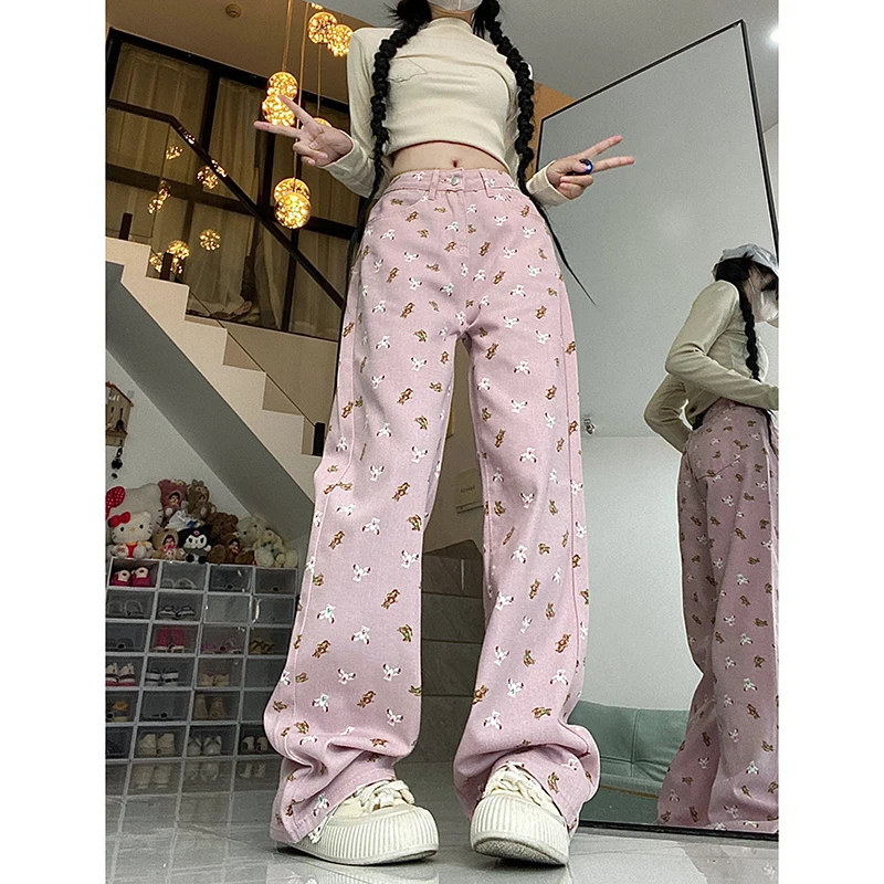 

WCFCX STUDIO Cute Bear Print Light Pink Jeans Women Denim Pants Y2k High Waist Fashion Elegant Slim Straight Leg Pants