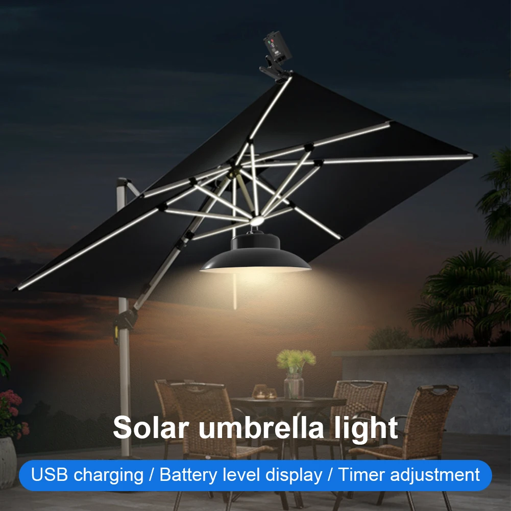 Solar Powered Patio Umbrella Light USB Charging Clip-On Umbrella Lamp IP65 Waterproof Power Display for Beach Camping Tent Party