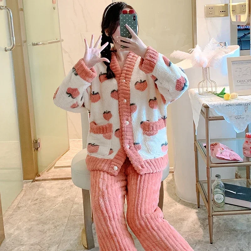 Autumn Winter Women Pyjamas Sets Long Sleeve Rest Sleepwear Female 2 Piece Pajamas Warm Flannel Thick Buttons Cardigan Homewear