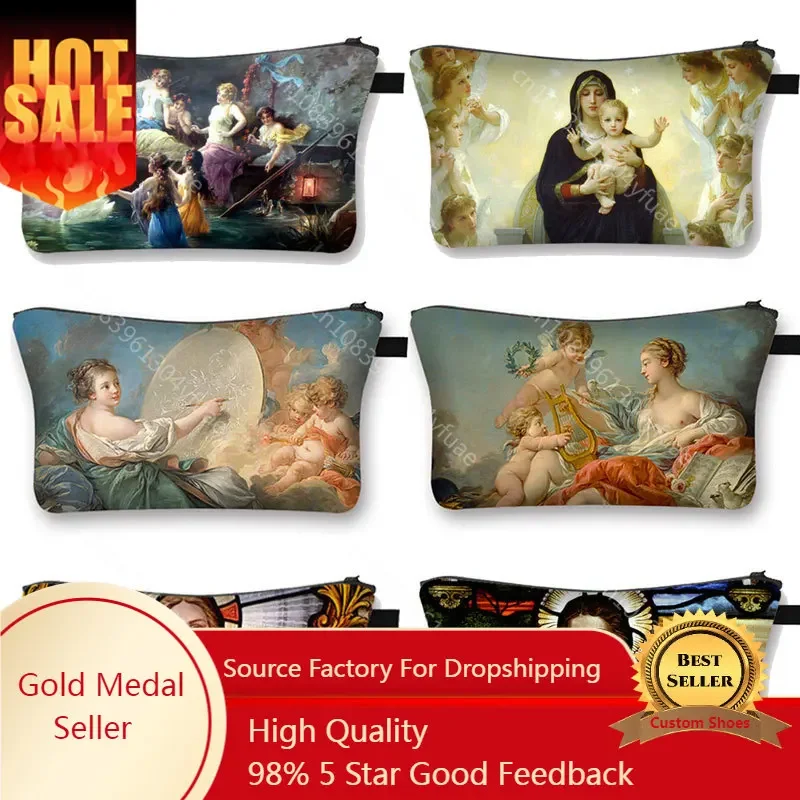 Vintage Oil Painting Religion Jesus Cosmetic Bag Women Canvas Portable Makeup Bag for Travel  Ladies Makeup Organizer Bags