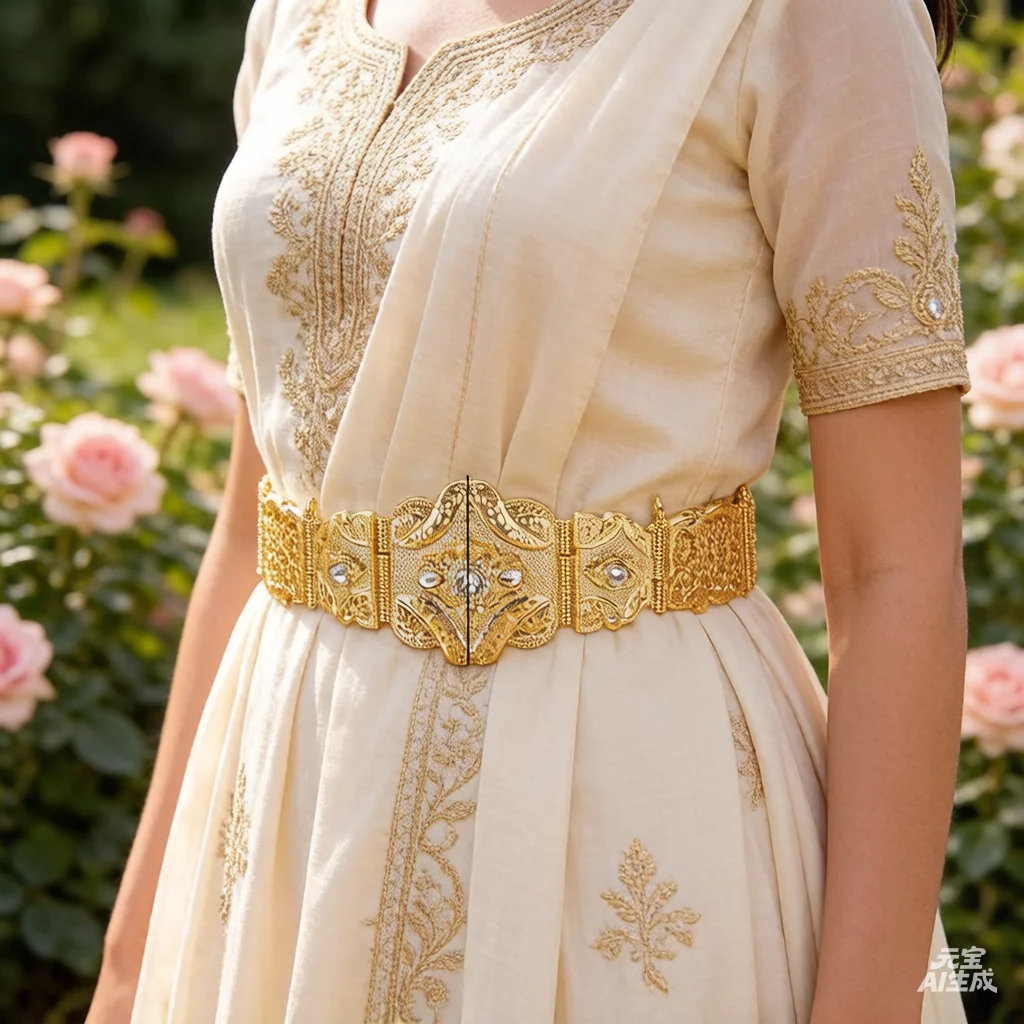 

Chic Algeria Gold Color Waist Chain Fine Carved Metal Handmade Hollow Out Flower Arabian Wedding Dress Party Belt Jewelry