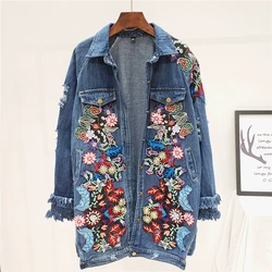 Fashion Embroidery Flowers Holes Denim Jacket Women Outerwear Korean Loose Long Jeans Jackets Coat Female Blue Denim Windbreaker