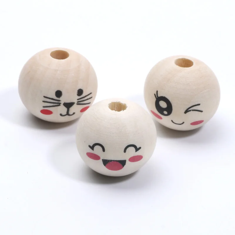 20mm 10pcs Natural Color Round Wood Beads Cute Cat Smile Face Beads For Jewelry Making Diy Needlework Craft Accessories Supplies