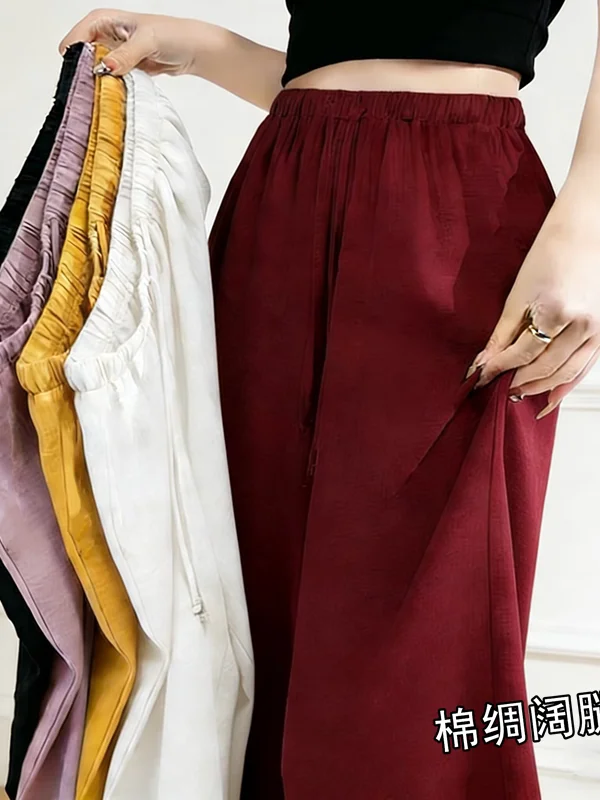 Cotton Silk Women's Summer Thin Wide Leg Pants Pure Color Home Straight Sleep Pants Drapey Walking Pants Japanese Style Home ...
