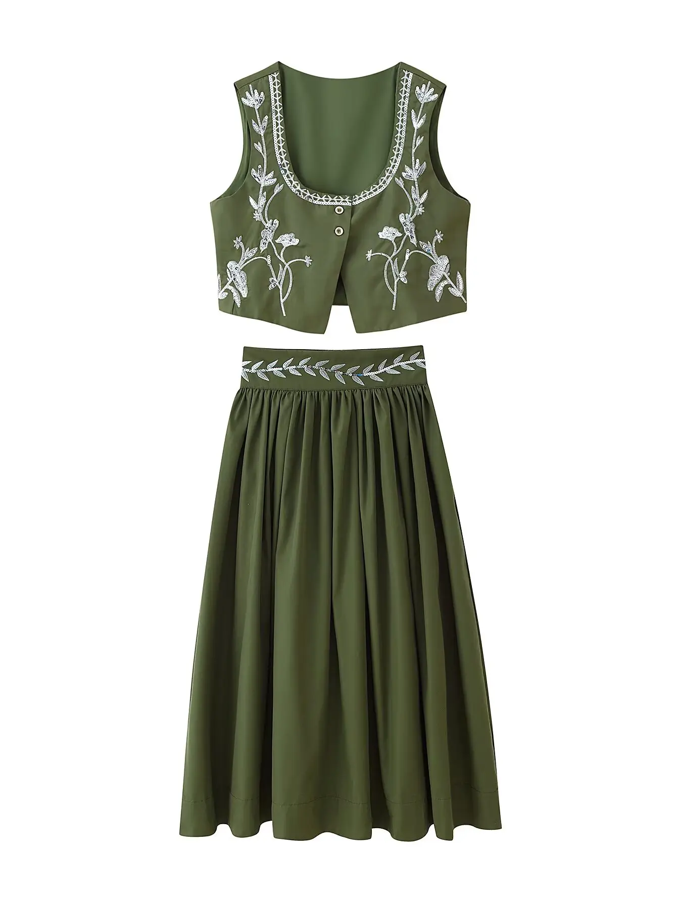 

Women Sequined Embroidery Vest And Long Skirt Matching Set Army Green 2 Pcs Pleated Skirts Sets