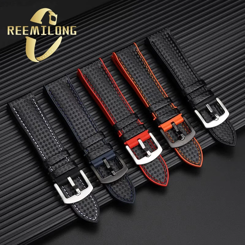 Carbon fiber silicone bottom strap 20 22 24mm Black red line Orange line Blue line White line watchband for Omega Seamaster 300