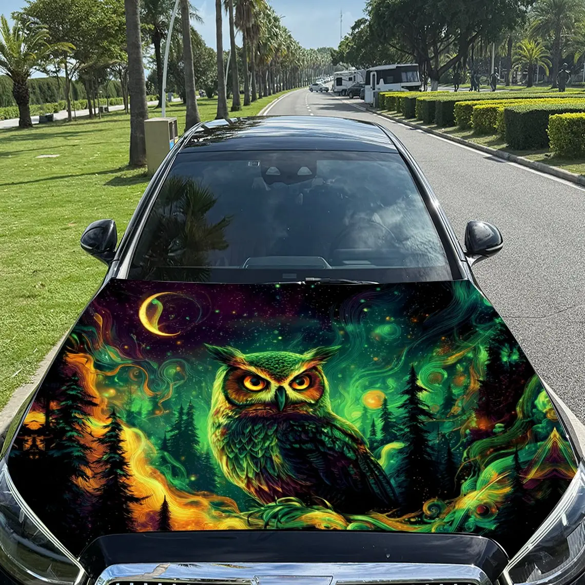 

Starry Night Forest Owl Car Vinyl Wrap, PVC Material Waterproof Car Hood Sticker, Self-Adhesive Scratch-Resistant Stickers for E
