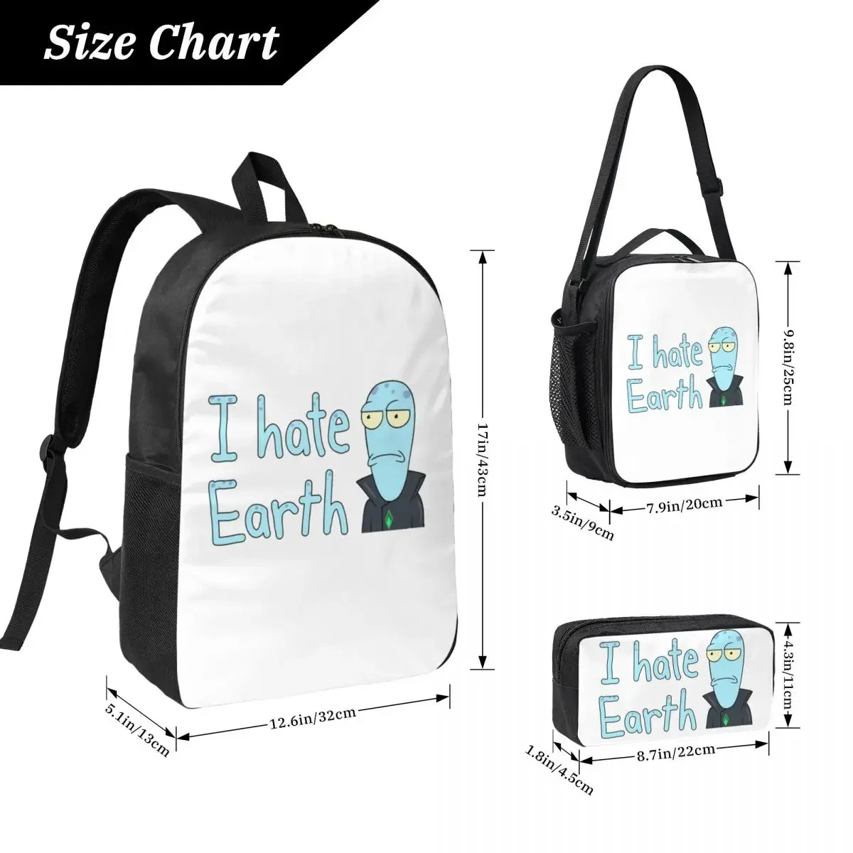 Korvo I Hate Earth Solar Opposites Cartoon Backpack BookBag School Bag  Shoulder Bags 3ps Insulated Lunch Bag Pencil Case
