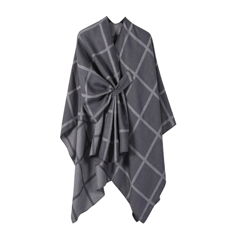 Solid-color, fashionable knitted shawl with plaid pattern side slits, perfect as an outer layer for autumn and winter, provi