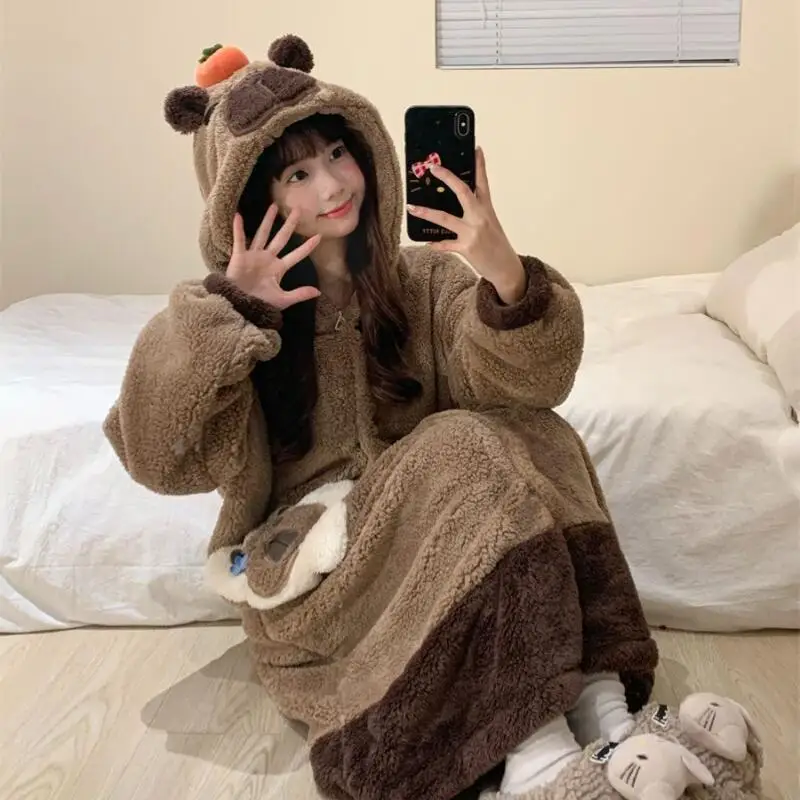 

Girl Cartoon Robe Spring Autumn Kawaii Pajamas Fleece-Lined Sleepwear New Woman Cute Nightwear Hooded Coral Fleece Homewear