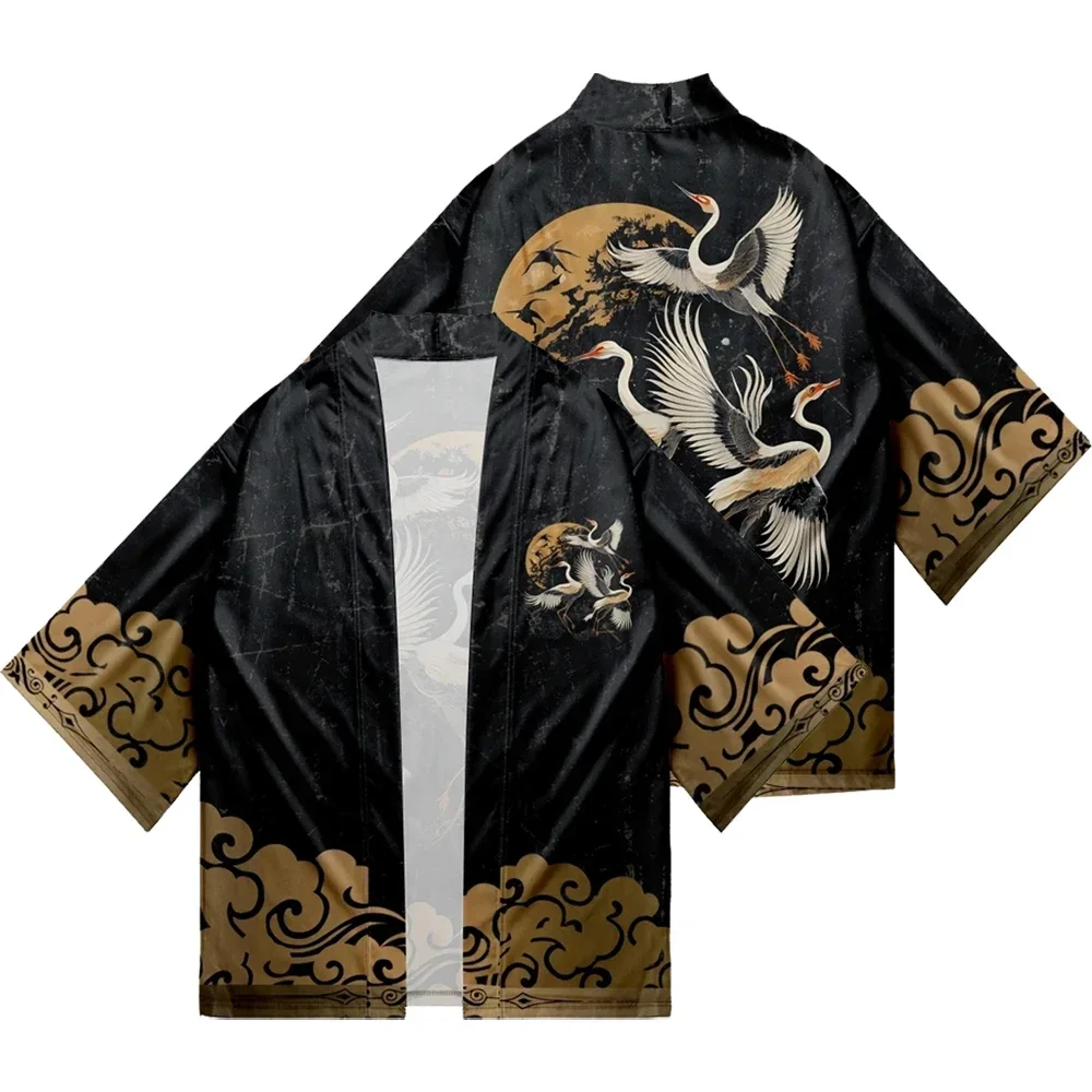 

Japanese Style Cosplay Shirt 3D Crane Print for Men and Women Traditional Samurai Kimono Haori Japanese Beach Yukata
