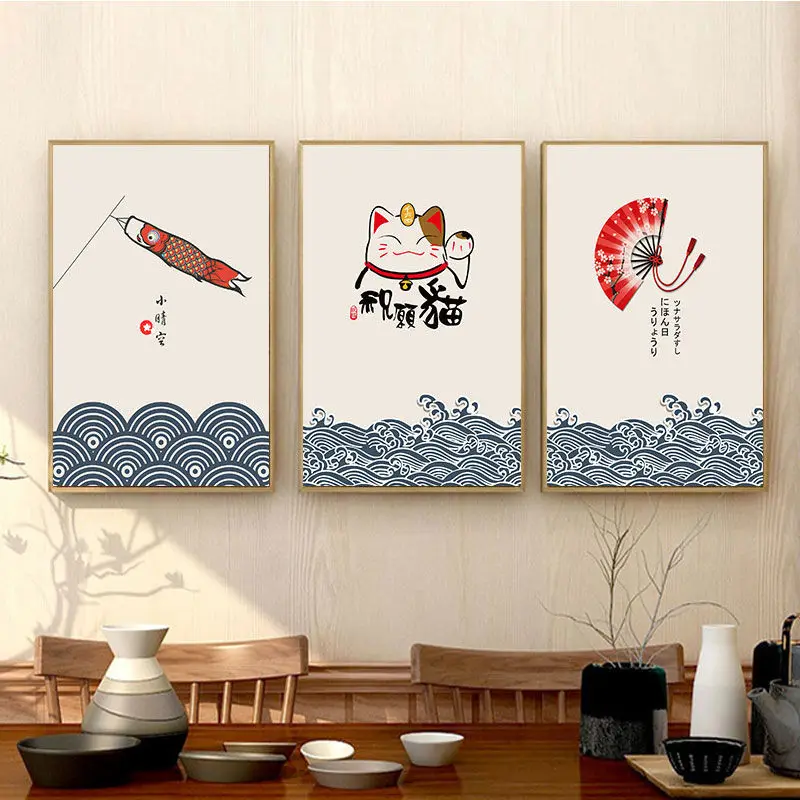 Japanese Decorative Painting Fortune Attracting Cat Hanging Painting Sushi Restaurant Tatami Crane Cherry Blossom Sea Wave Mural