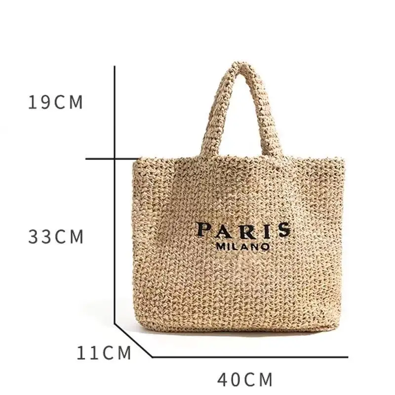 Raffia Crochet straw tote bag women handmade large capacity summer beach woven handbag black natrual 2023 new