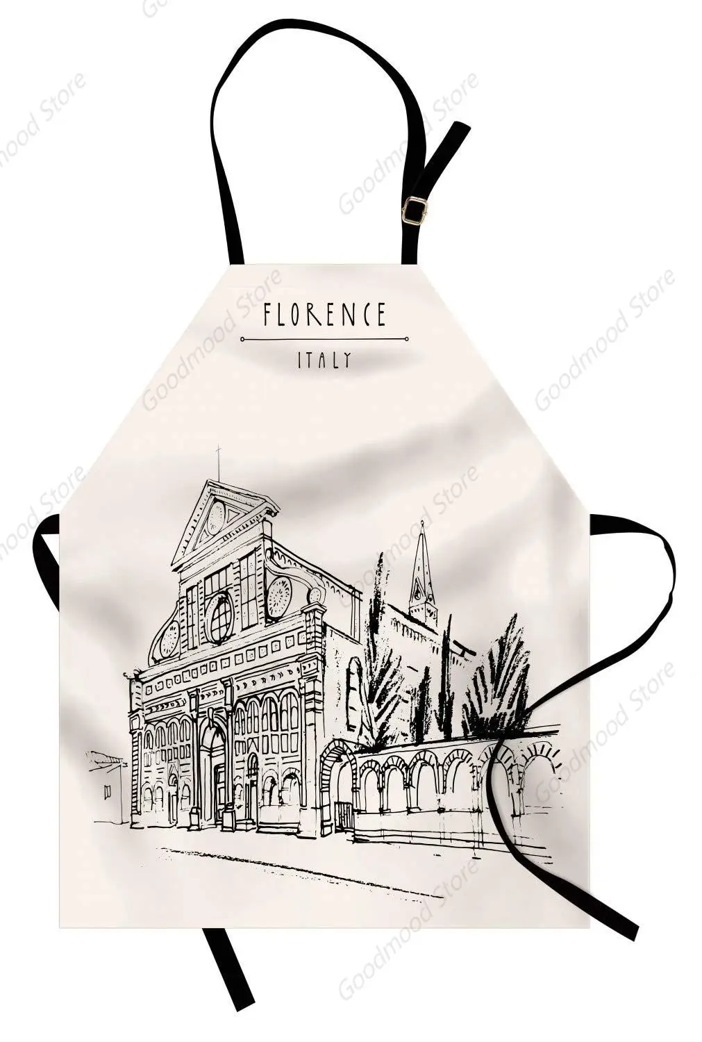 Florence Apron, Monochromatic Santa Maria Building Travel Themed Sketch, Unisex Kitchen Bib with Adjustable Neck for Cooking