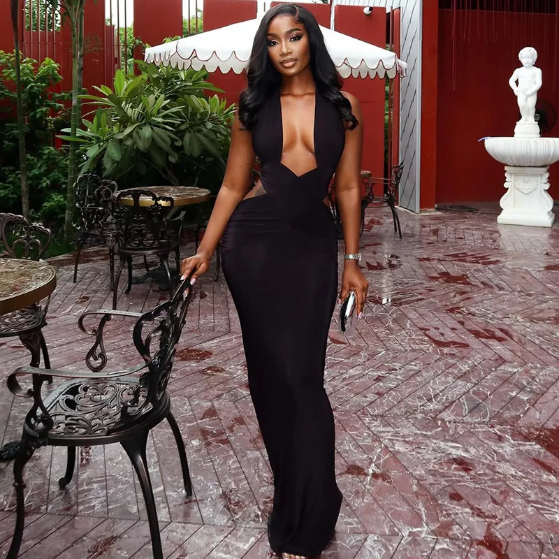 Street Style Solid Color Women's Pleated Bodycon One-Step Dress Low-Cut Slim Halter Neck Slimming Long Dress