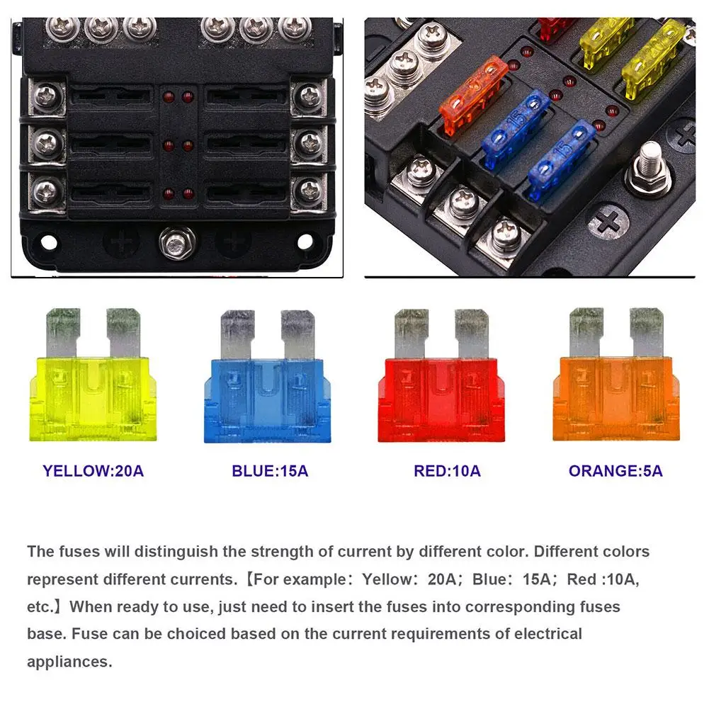 Car Boat Fuse Box Holder With 12 Way Fuse Holder Block & Warning Indicator 12V~24V Power Distribution Panel Board