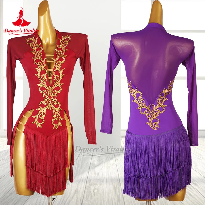 

Women Latin Long Sleeves Tassel Dress Custom Dancer's Vitality Adult&Teenagers Chacha Samba Jive Perform&Contest Deep-V Clothing