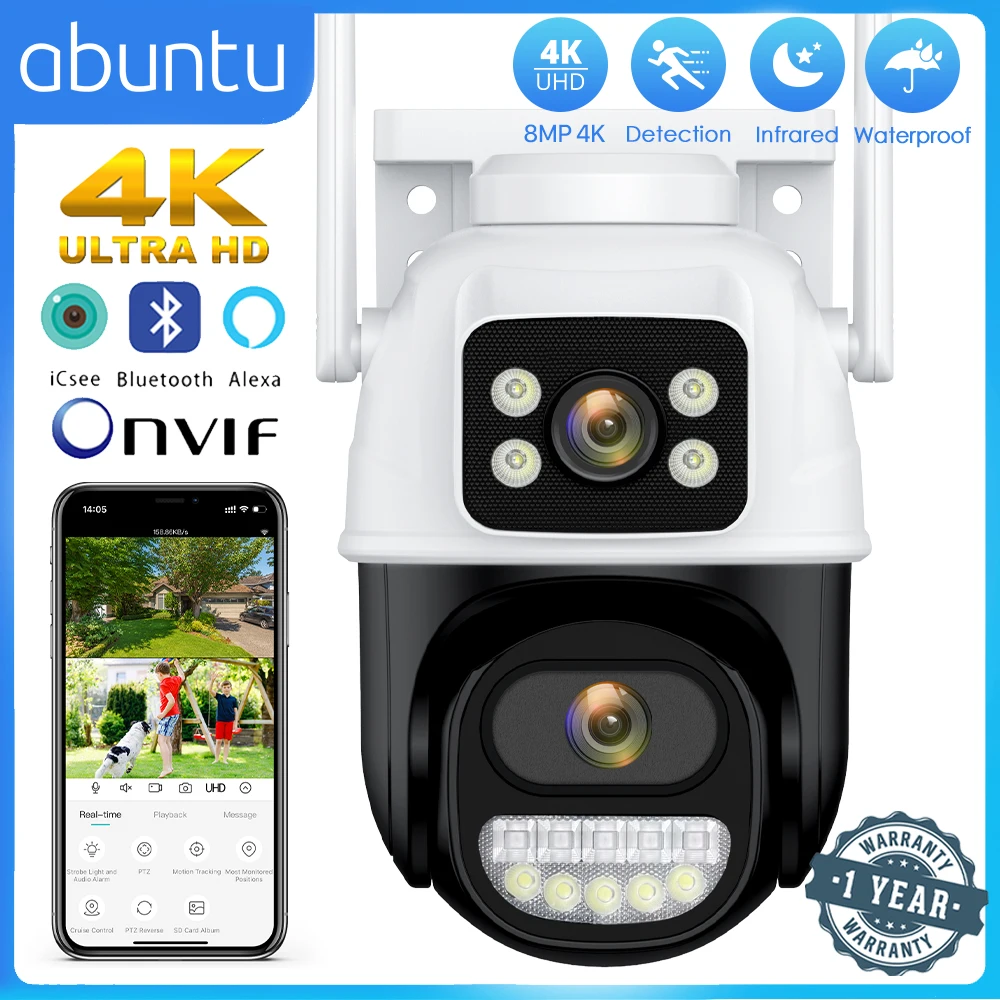 8MP 4K Wifi Surveillance Camera Outdoor Dual Lens Dual Screen Night Vision IP Camera PTZ CCTV H.265 Security Camera ICSEE APP