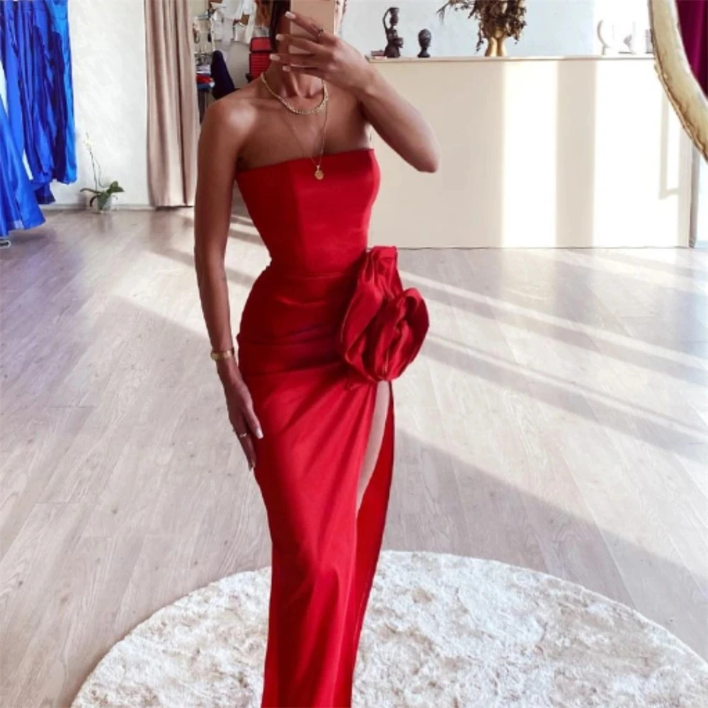 Aenyrst Red Strapless Prom Gowns Sexy Bodycon Sheath Party Dresses High Slit Flower Wedding Dress Satin فساتين سهره