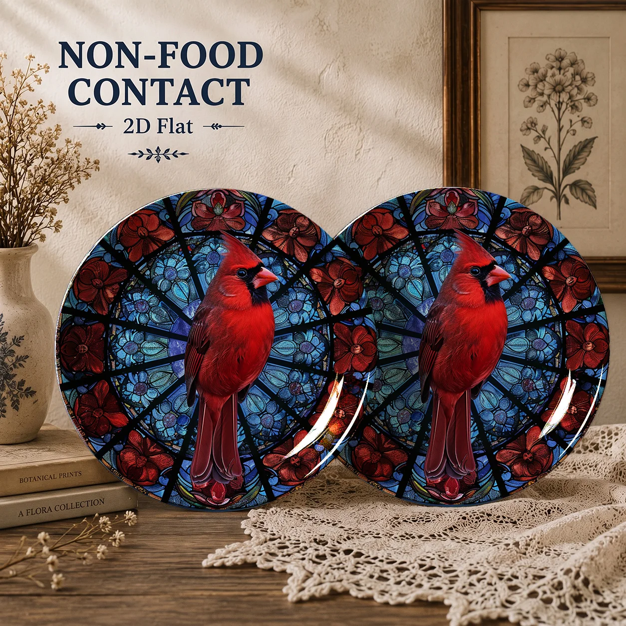 1pc Cardinal Bird Decorative Plate, Ceramic Round Display Plate, Stained Glass Floral Wall Decor, Shelf Decor Gift, 8 Inch