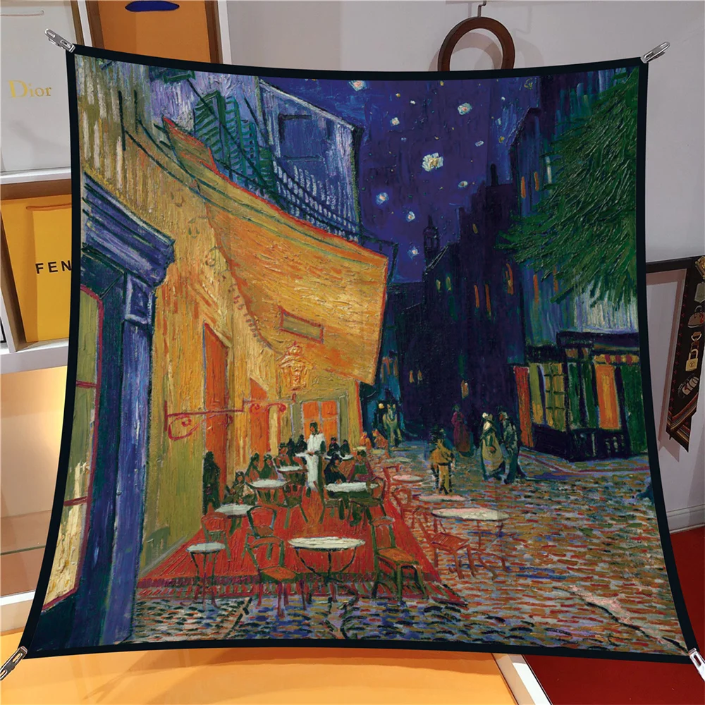 90CM Hot Sell Twill Silk Scarf Fashion Shawl Brand Van Gogh Oil Painting Square Scarf Women Hijab Bandana Foulard Head Scarves