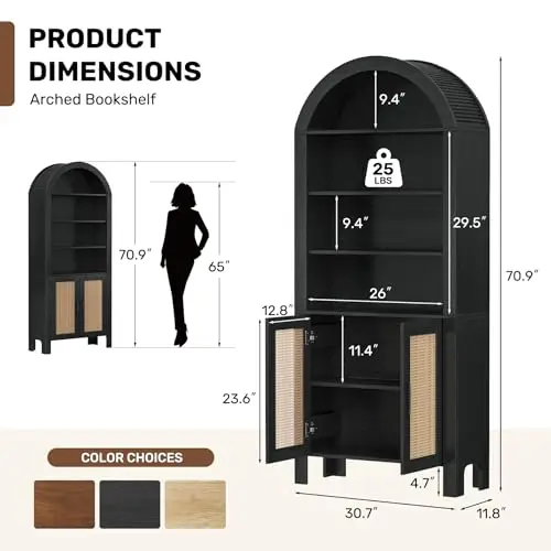 Mid-Century Arched Storage Cabinet With Doors And Adjustable Shelves, 71 Inch Tall Black Bookshelf For Living Room Or Office