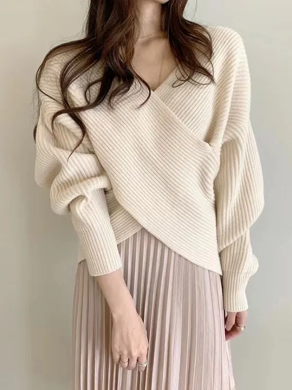 

Retro Sle V-Ne Knitted Sweater Women's ort Irregular Loose Fit Autumn Winter Faionable Casual Long Sve Top