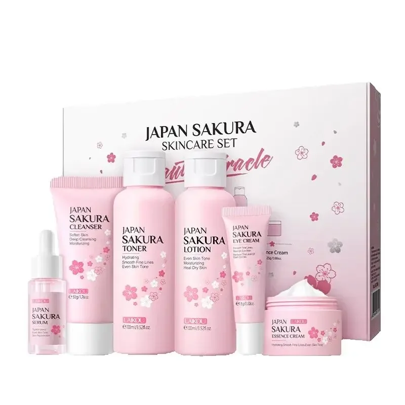 Sakura conjunto de cuidados com a pele limpador facial hidratante creme facial protetor solar máscara hidratante toner creme para os olhos iluminando soro facial