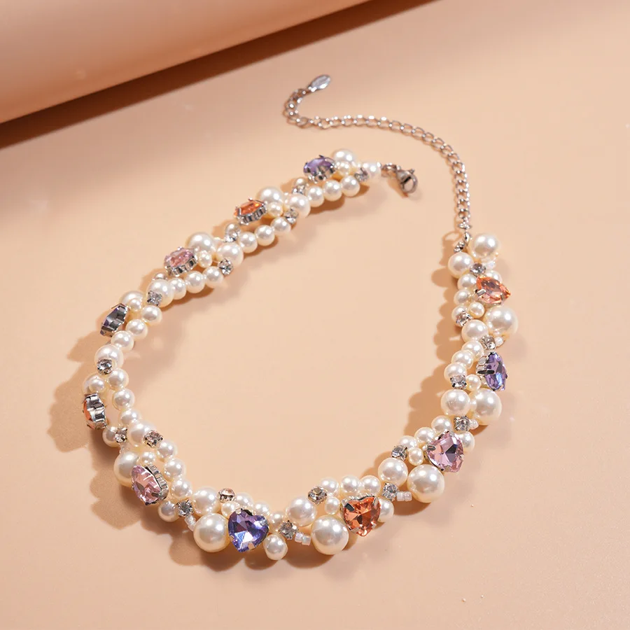 Luxury Rhinestone Simulated Pearl Necklace Women's Fashion Colorful Love Heart Choker Necklaces Party Wedding Bridal Jewelry