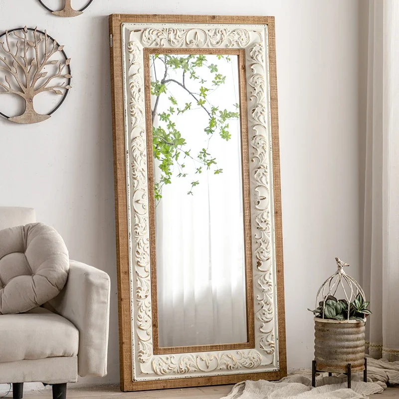 American retro full-length mirror, wall-mounted living room, home mirror, solid wood, old, carved floor-to-ceiling decoration, d